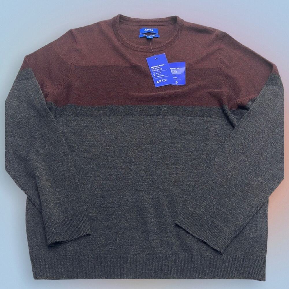 APT. 9 Men’s Medium Burgundy Gray Lightweight Merino Wool Crew Sweater